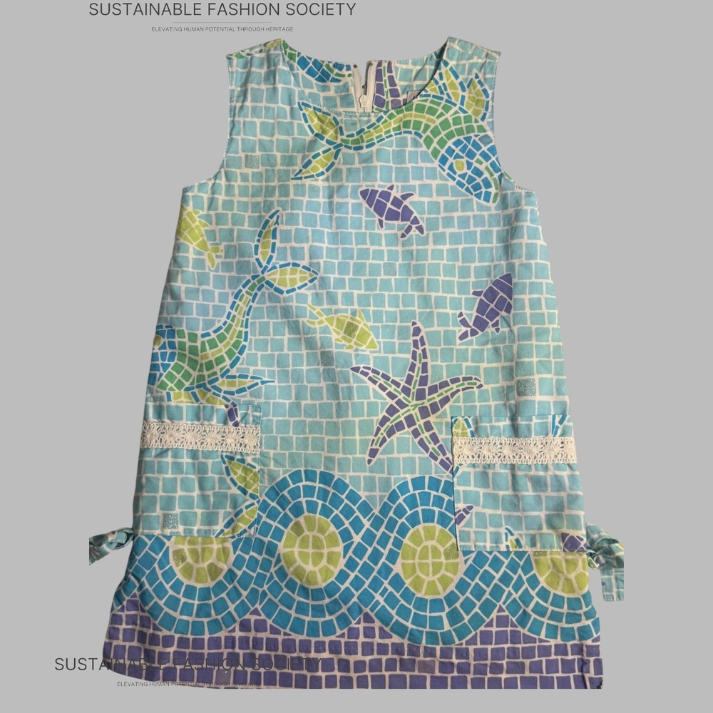 Lilly Pulitzer Girls Blue Purple Mosaic Sea Life Shift Dress Lace Trim 4T - Picture 3 of 8